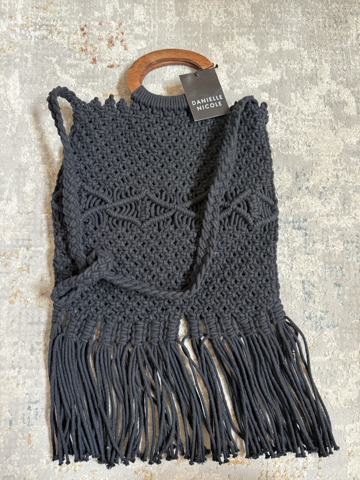 Danielle Nicole Black Macrame Woven Shoulder Bag Wood Handle Fringe with Tags