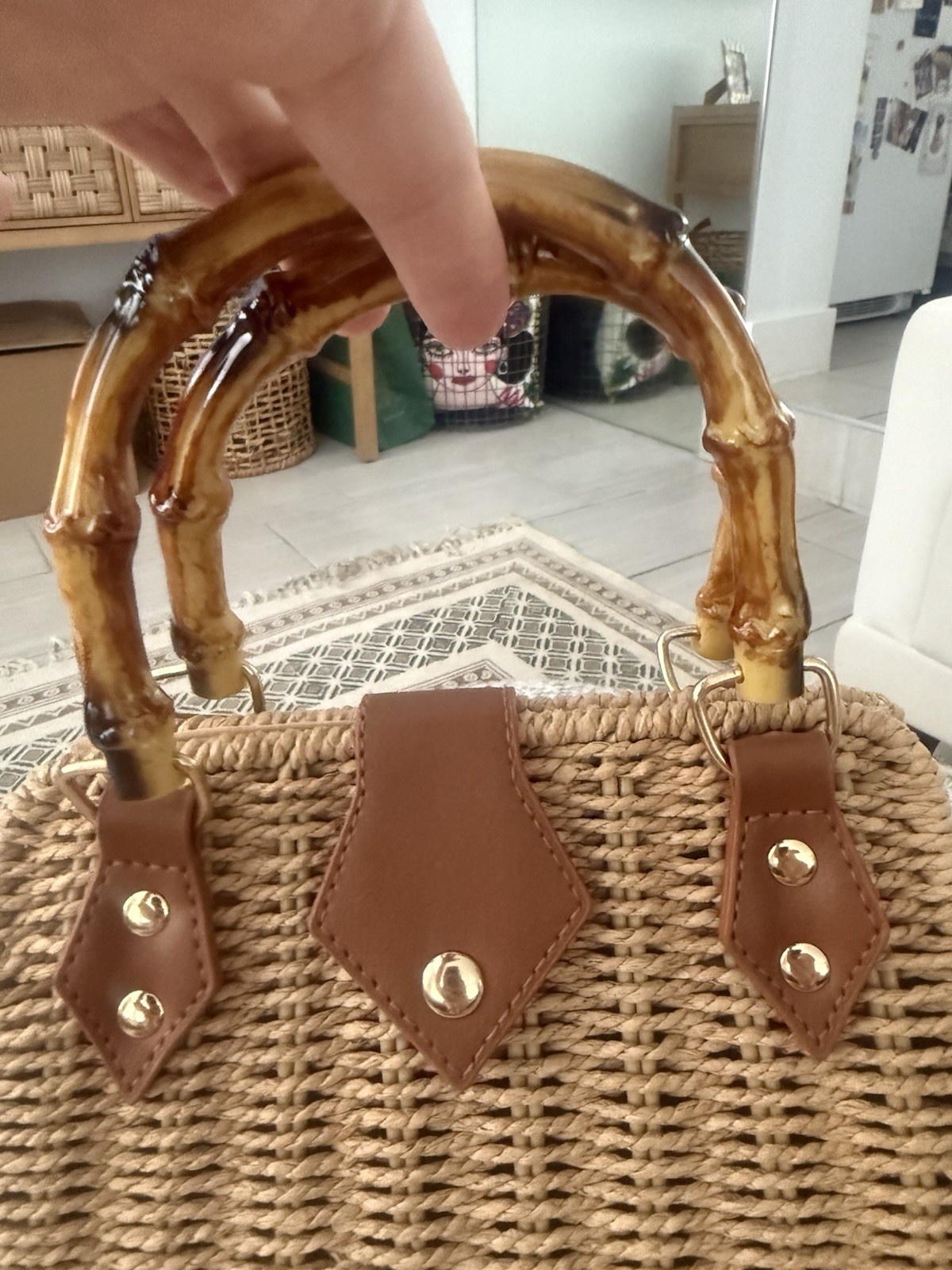 Woven Straw Top Handle Bag with Bamboo Handle, Snap Closure, Beige Brown, Lined