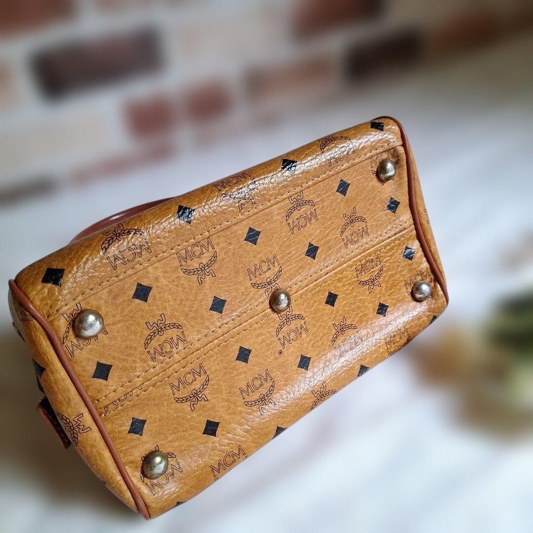 MCM Visetos Mini Boston Bag Brown Monogram Logo Plate Handbag Women Vintage