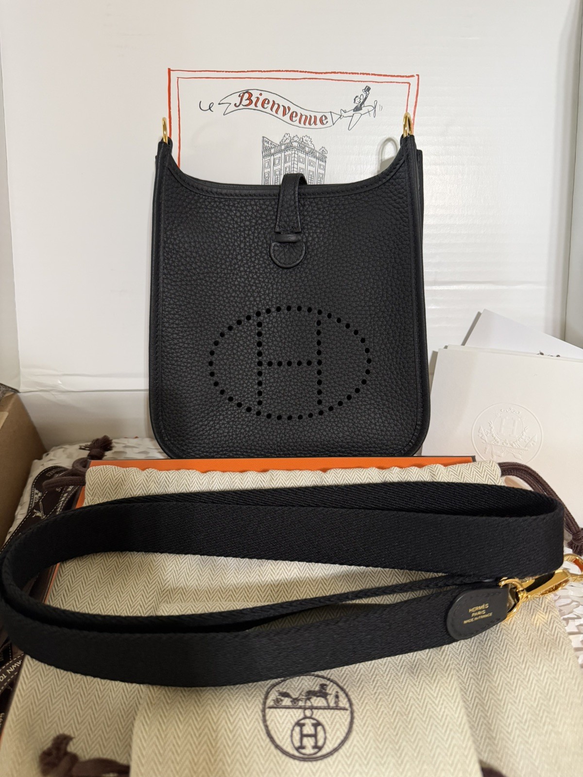 Hermès Black Mini Evelyne TPM 16 Taurillon Clemence Noir Gold HW Pristine K