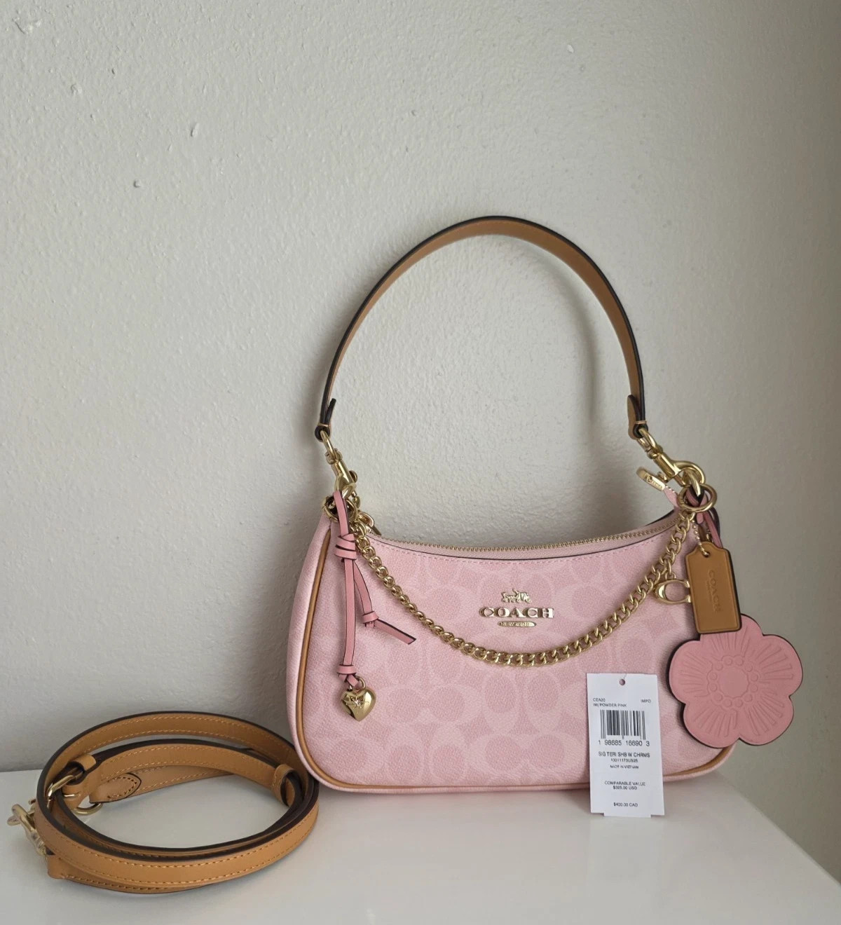 NWT Coach Gold Powder Pink Teri Shoulder Bag Signature with Charms CEA20