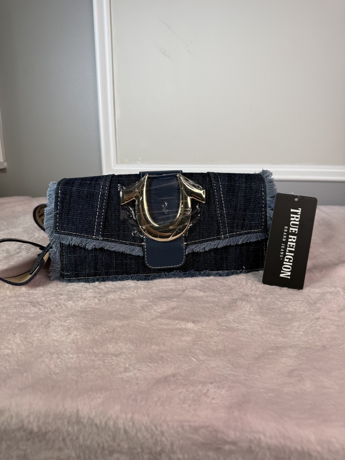True Religion denim crossbody bag with horseshoe logo