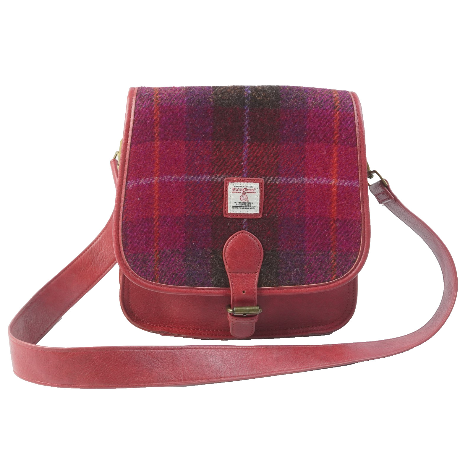 Islander Harris Tweed Saddle Bag Crossbody Fuchsia Red Plaid Tartan Wool Purse