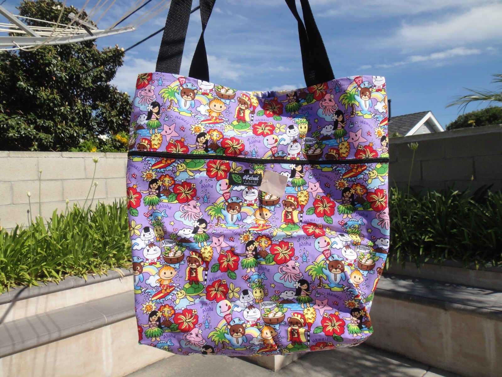 Hawaii Themed Cotton Tote, 16″Tall x 13″Width x 3″Depth w/12″ Strap Drop, Lined