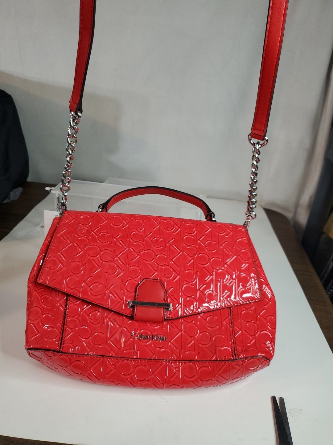 Calvin Klein Red Patent Leather Crossbody Bag Purse Embossed Logo Chain Strap