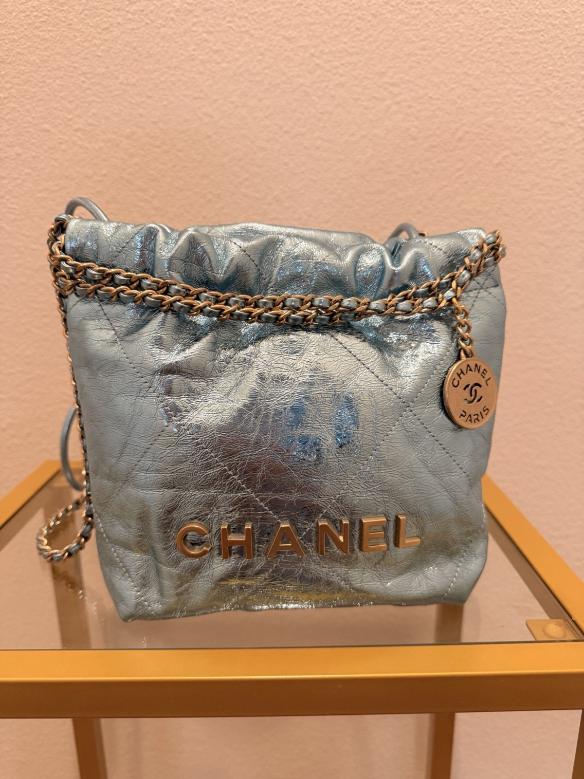 CHANEL Metallic Calfskin Quilted Mini Chanel 22 Blue