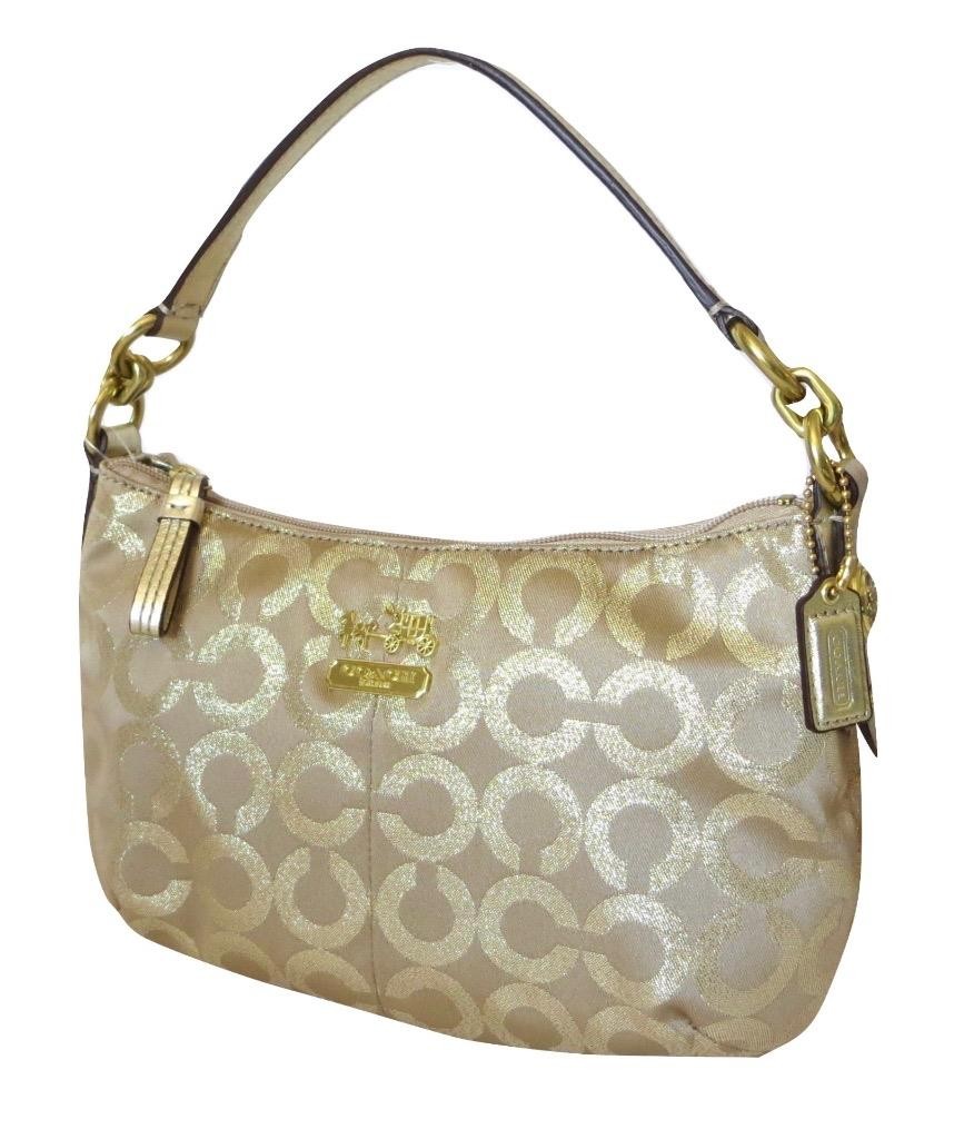 New NWT Coach Mia Signature Khaki Gold Lurex Top-Handle Pouch Purse 44594 RARE