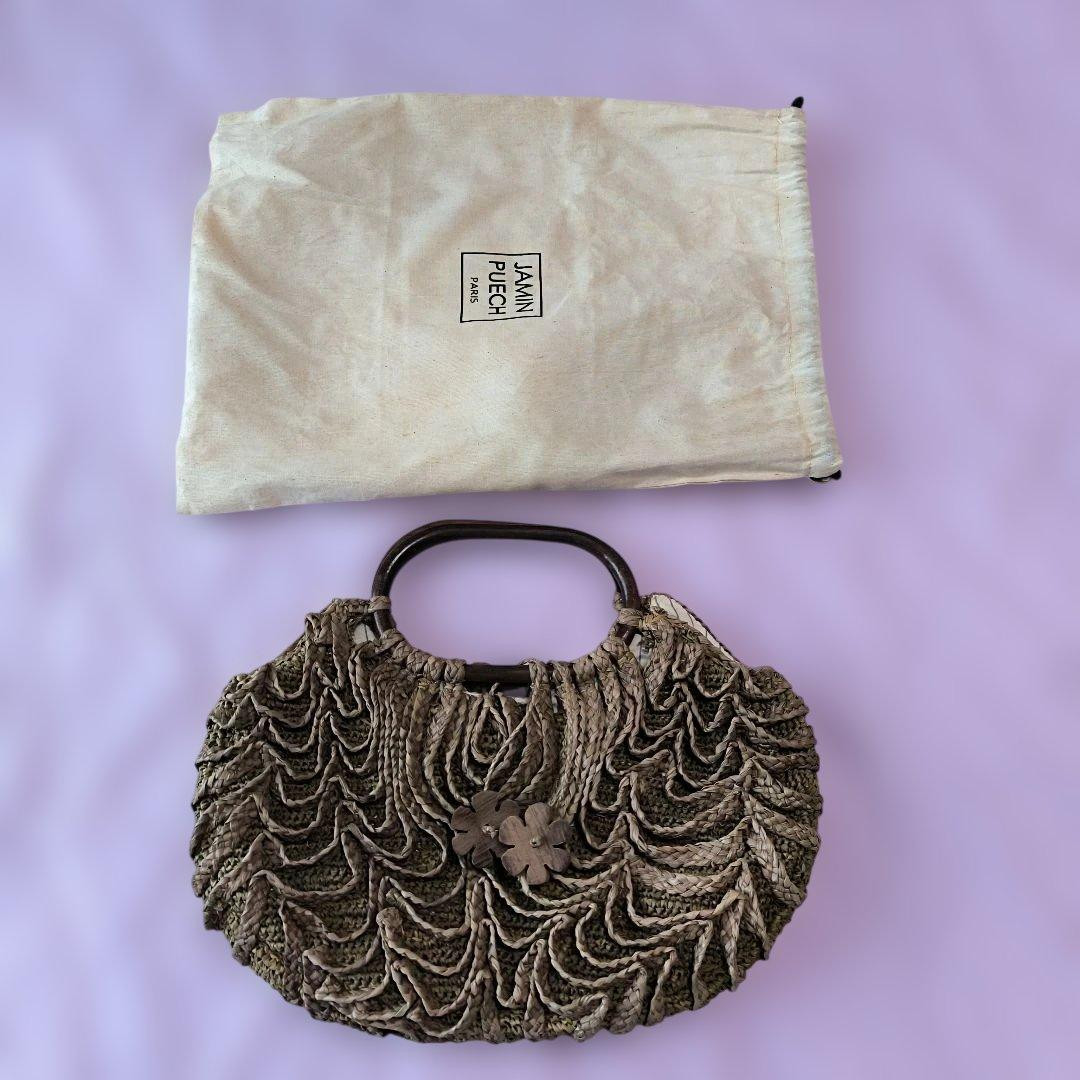 Jamin Puech Paris Raffia Straw Handbag Ruffle Wood Handle Beige Woven Bag