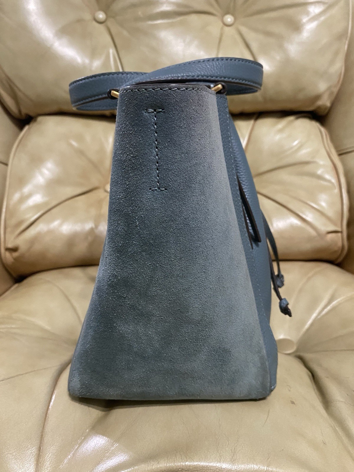 Tory Burch Dragonfly Leather Crossbody Bag Drawstring Suede McGraw Arctic Blue