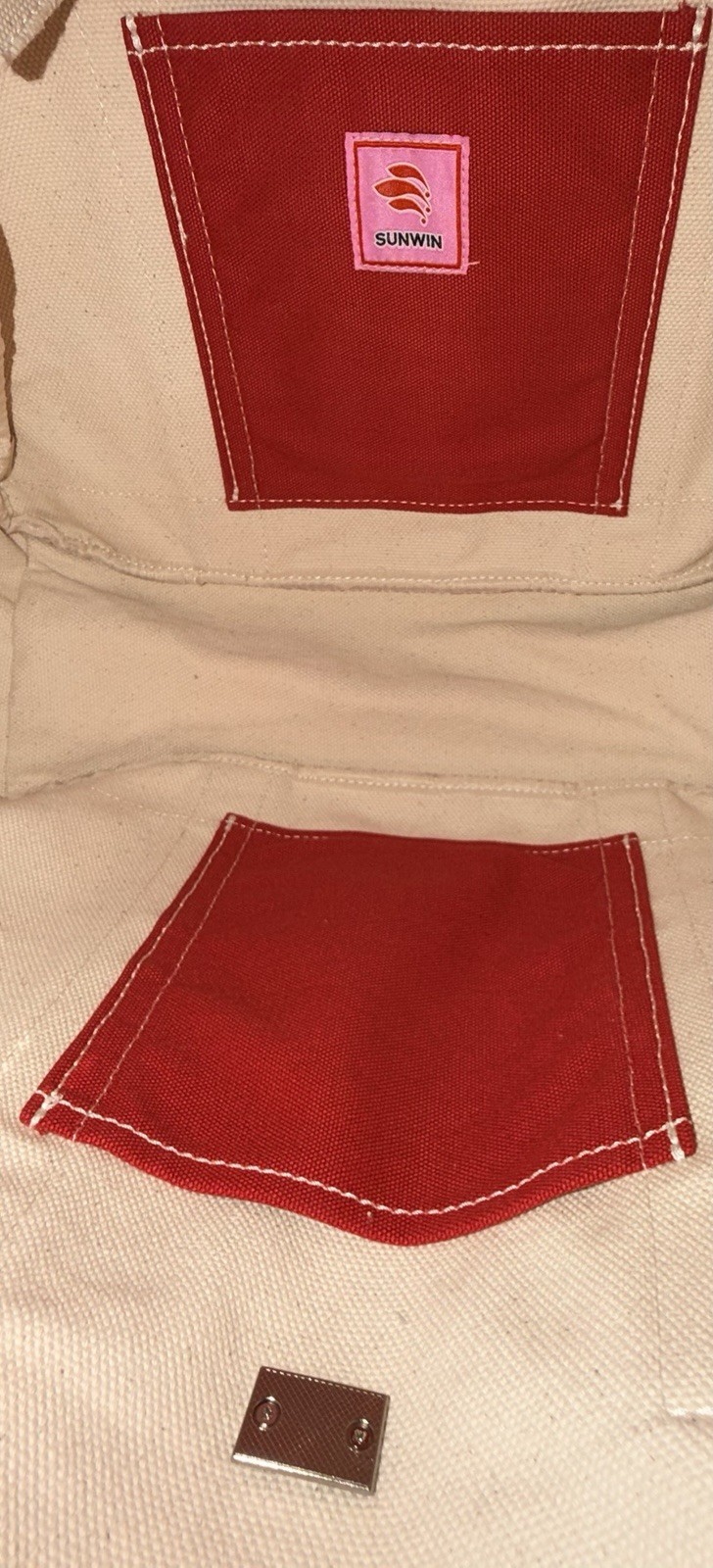 Sunwin Madaket Large Classic Tote Red & Cream Canvas Crossbody Strap Added EUC