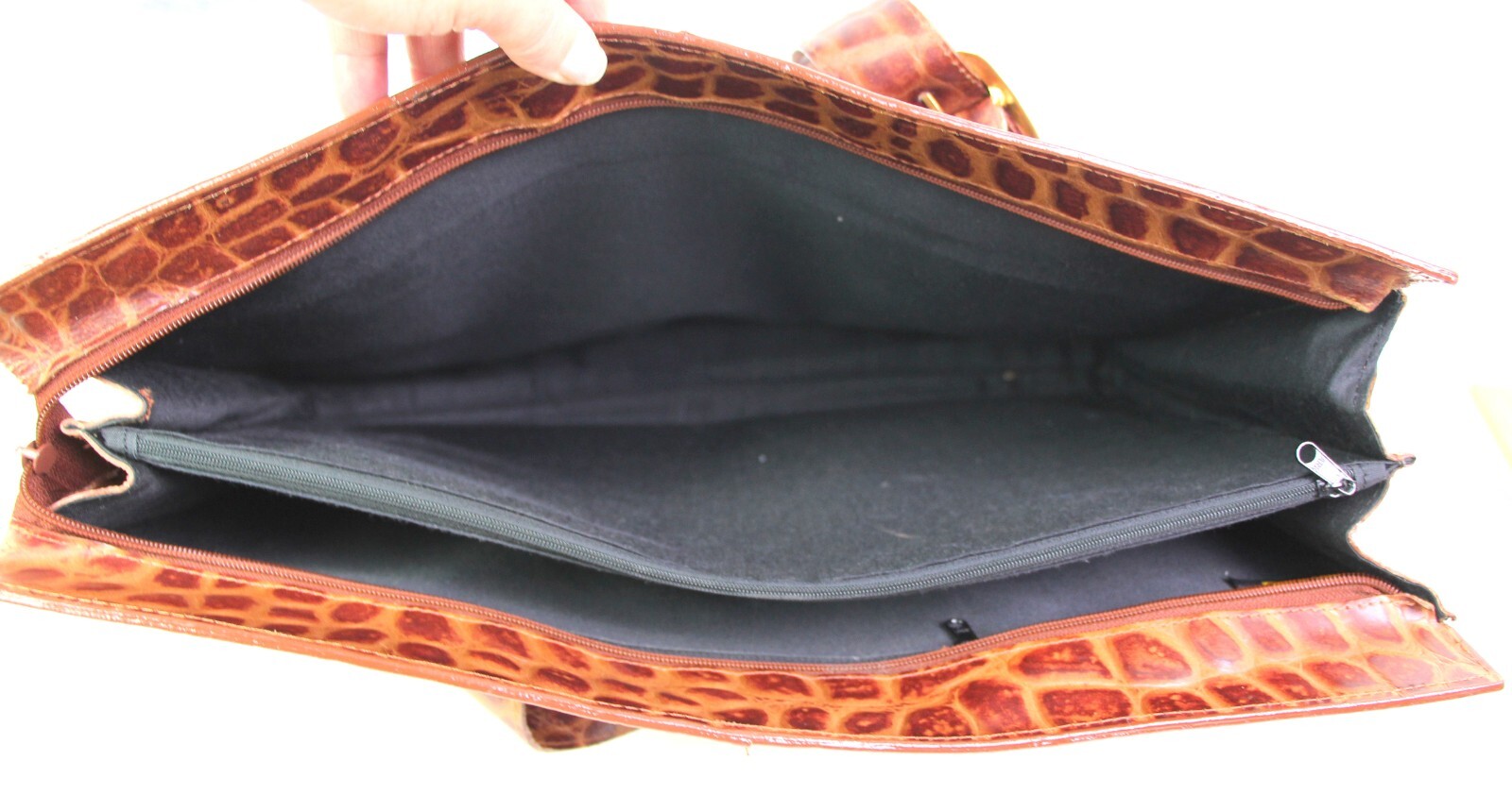 LARGE TOOLED BROWN GENUINE LEATHER CROCO PRINT SHOULDER BAG TOTE HANDBAG PURSE