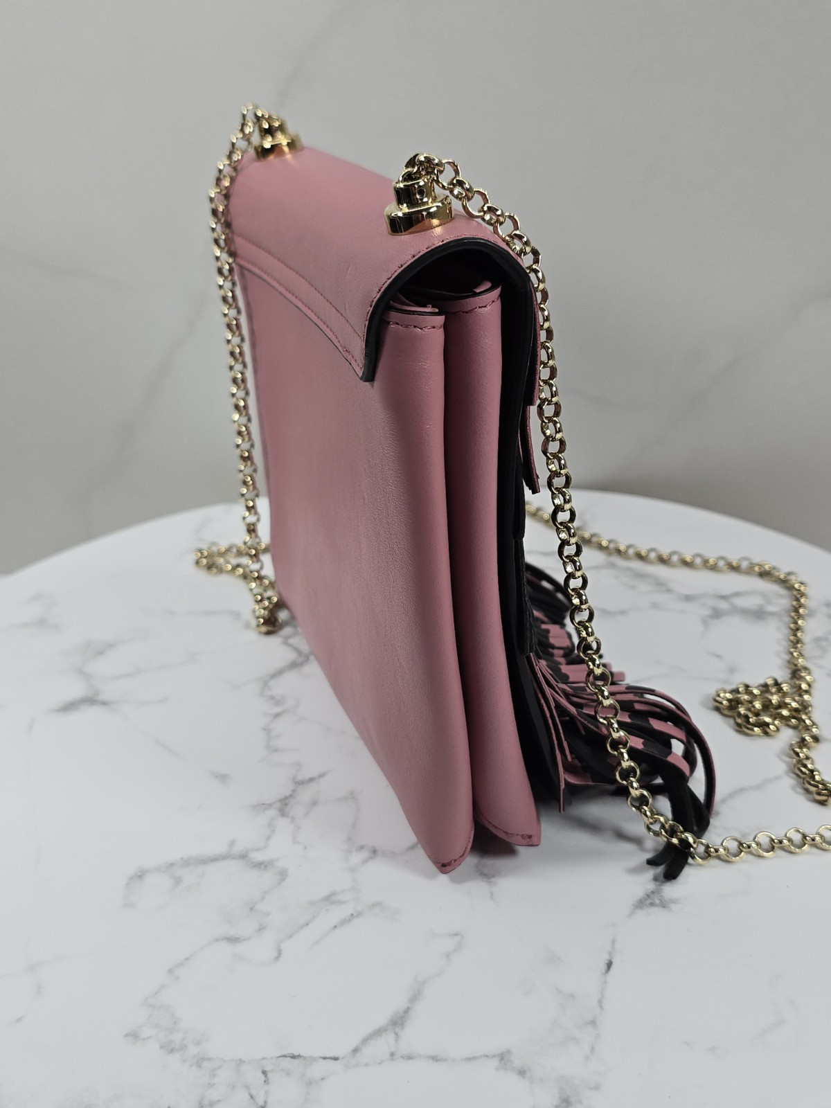 Smythson Shoulder Bag Pink Black Leather Fringe Gold Chain Strap Crossbody Purse