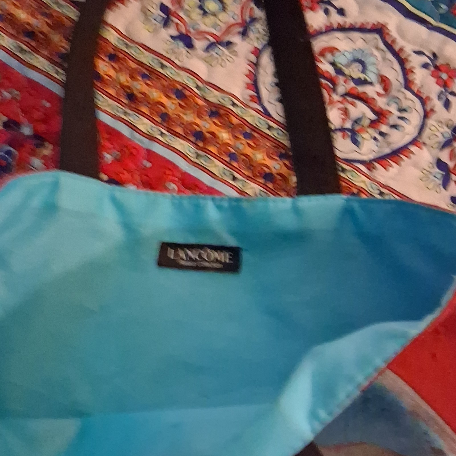Lancôme Red Graphic Print Tote Bag Logo Accents Lined Blue, Black Handles