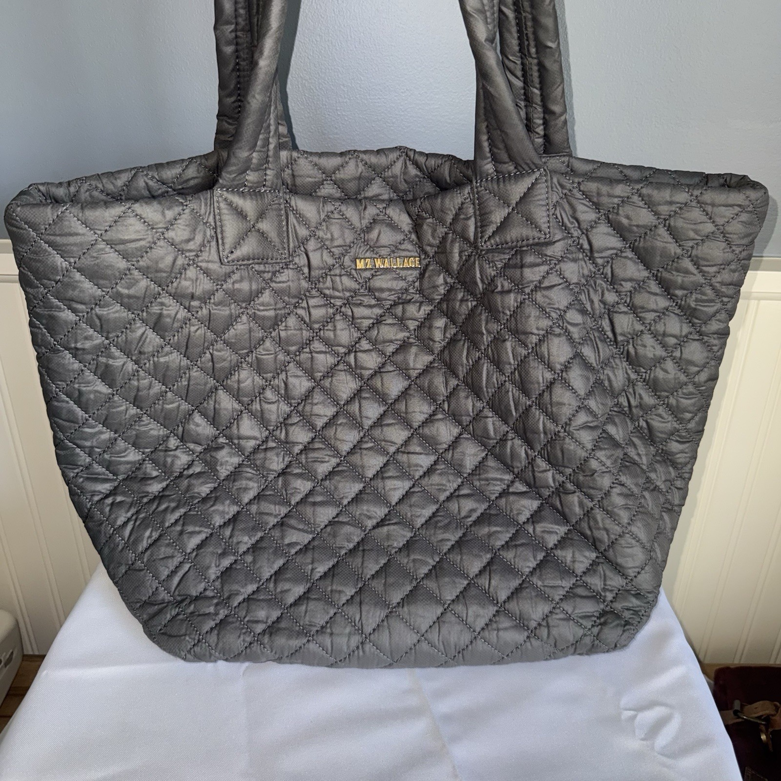MZ Wallace Medium Metro City Tote Magnet Gray Quilted Shoulder Bag Purse Travel