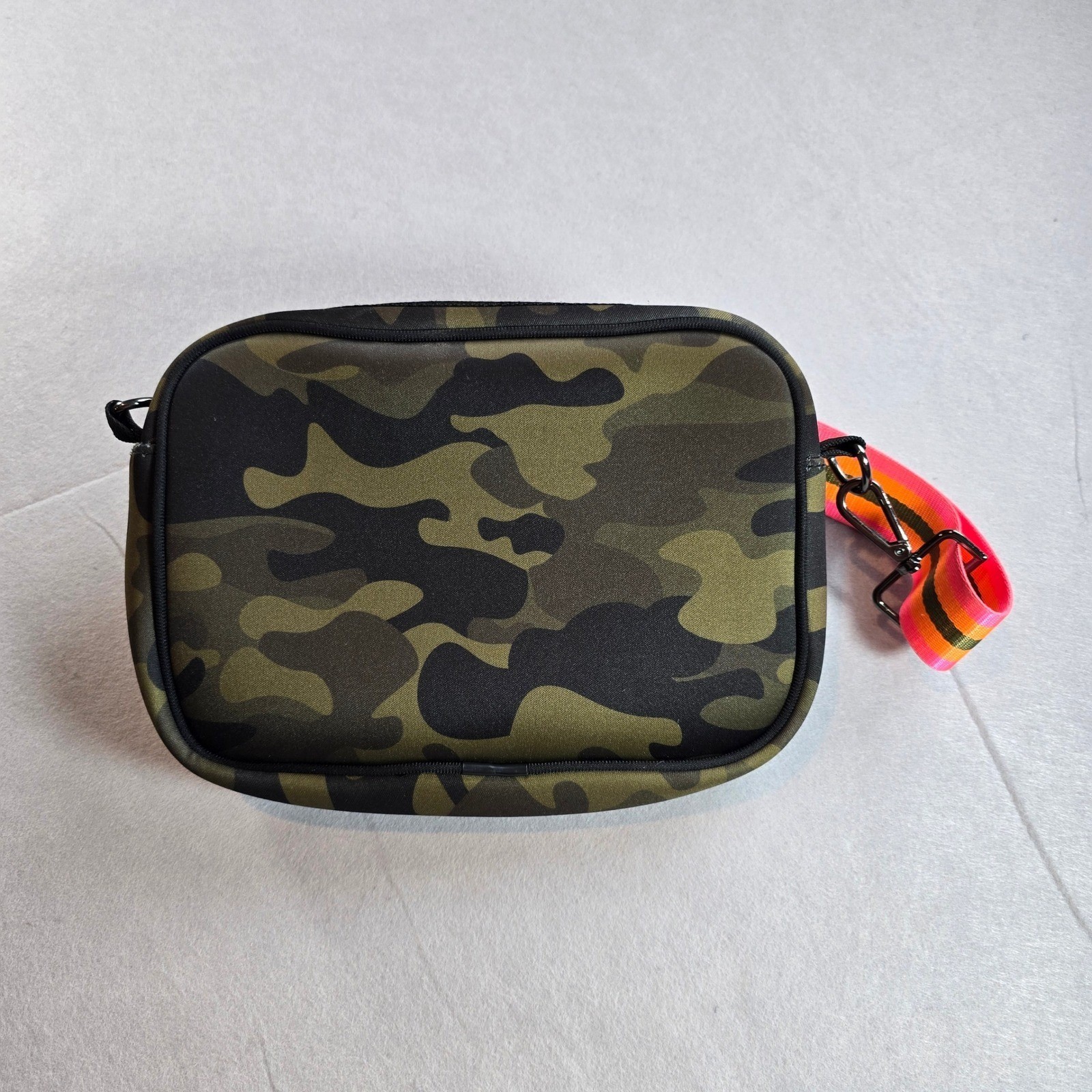 Haute Shore Drew Neoprene Camo Crossbody Bag Neon Pink Orange Stripe Camouflage