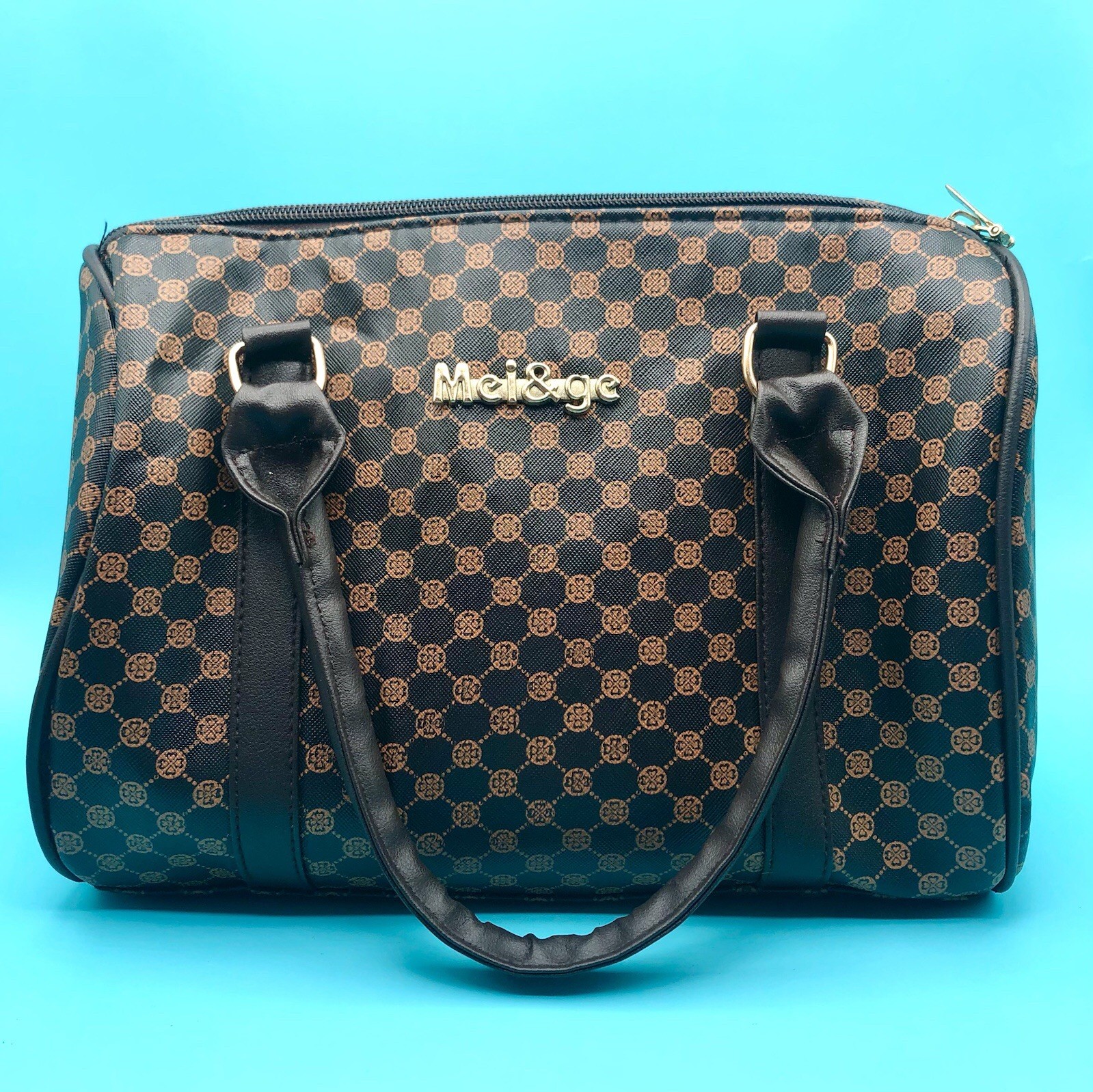 Mei&ge Gold & Brown Bowler Style Handbag 10 Inches
