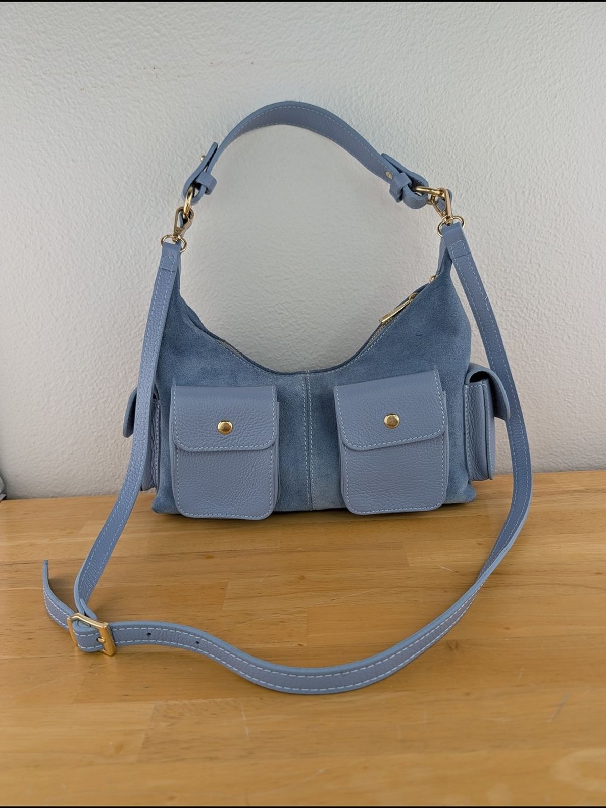 Lilium Firenze Genuine Italian Leather Shoulder Crossbody Bag Blue Suede