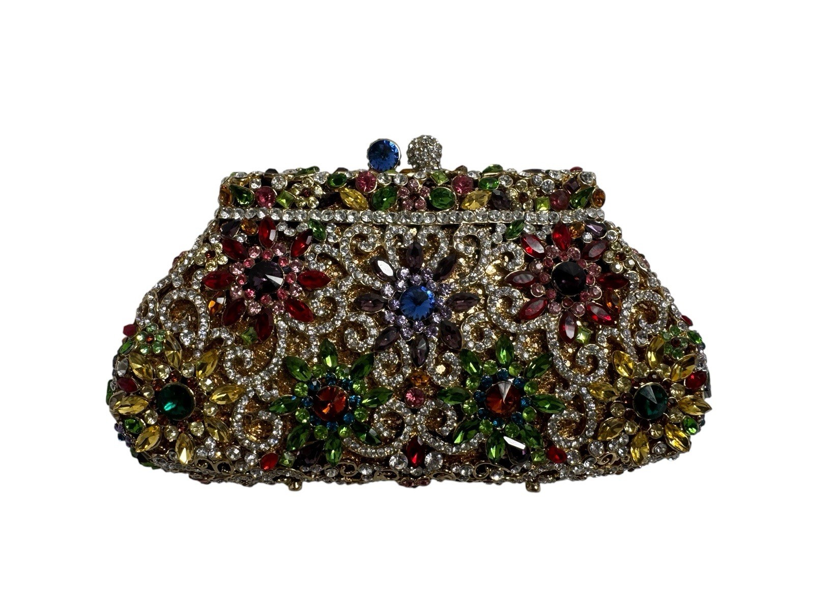 Tasha Multicolor Crystal Rhinestone Clutch Bag Gold Satin Frame Purse READ