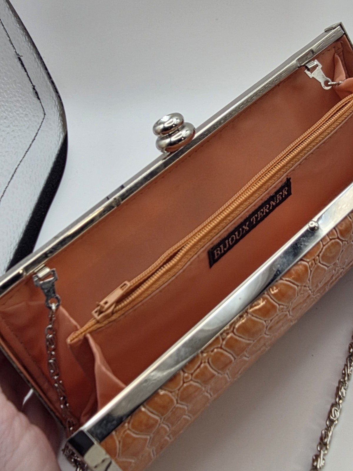 Bijoun Terner Orange Purse,silver Tone Chain Strap, Evening Bag,…