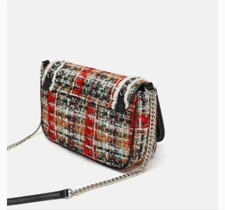 ZARA WOMAN Silver chain & multicolored Tweed BAG long Strap Black Red Blue