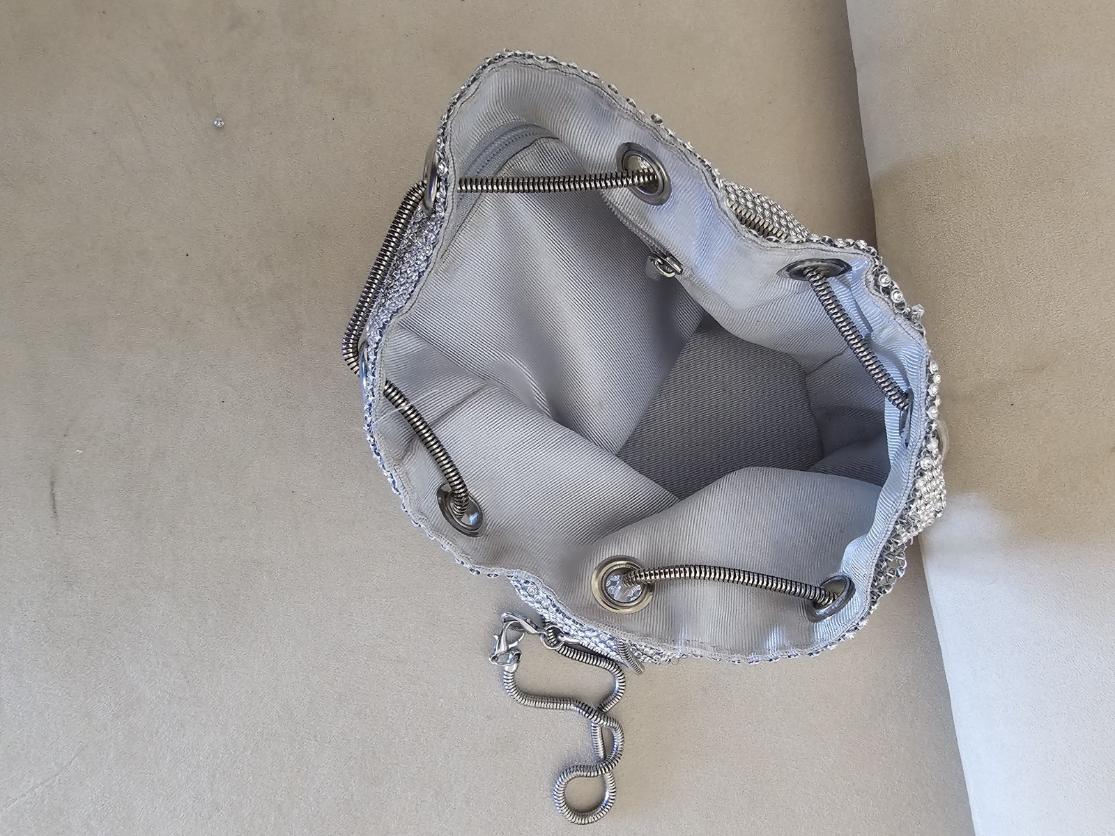 Silver Rhinestone Mesh Bucket Drawstring Bag Detachable Chain Crossbody Lined
