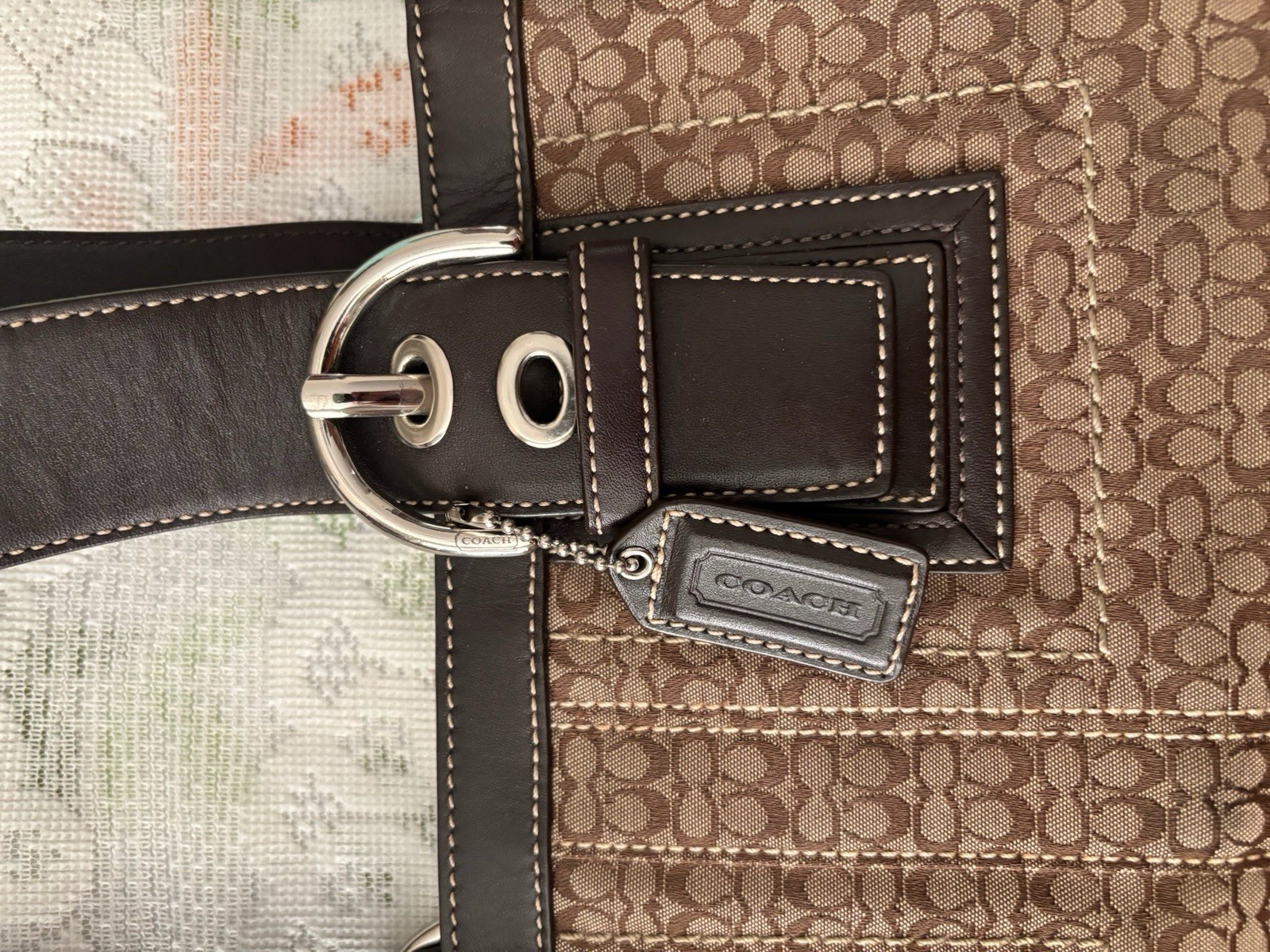 Coach Brown Monogram Tote Bag Silver Hardware Zip Closure Detachable Strap