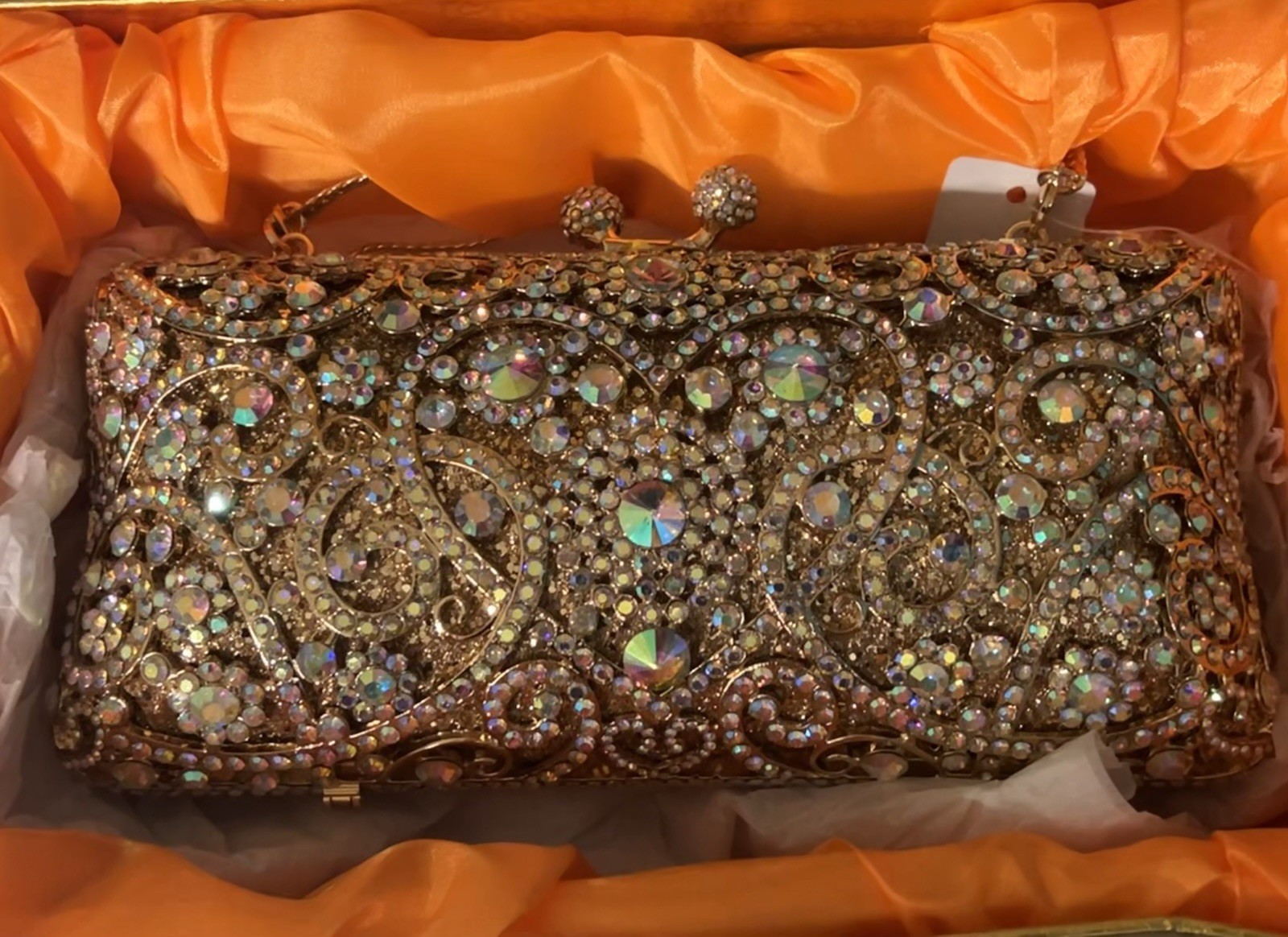 NEW Swarovski Aurora Borealis Gold Silver Crystal Handbag Clutch Gatsby WOW Glam