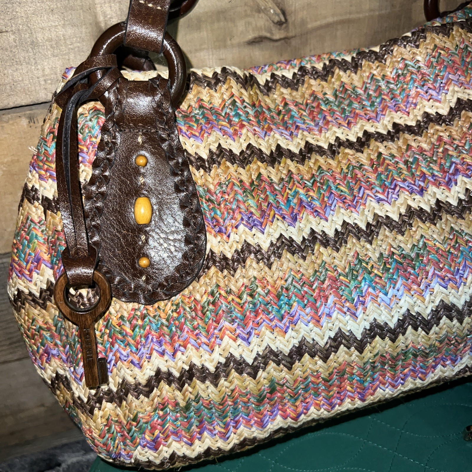 Vintage Fossil Multi Zig Zag Straw Woven Shoulder Hobo Bag Boho Multicolor Y2K