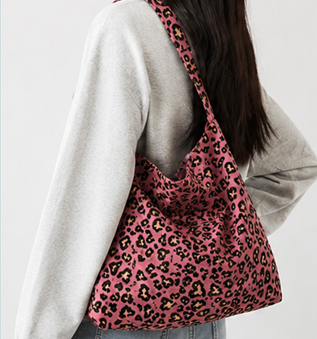 EMIS Korean Corduroy Leopard Eco Bag Unisex Casual Pink 46x36cm