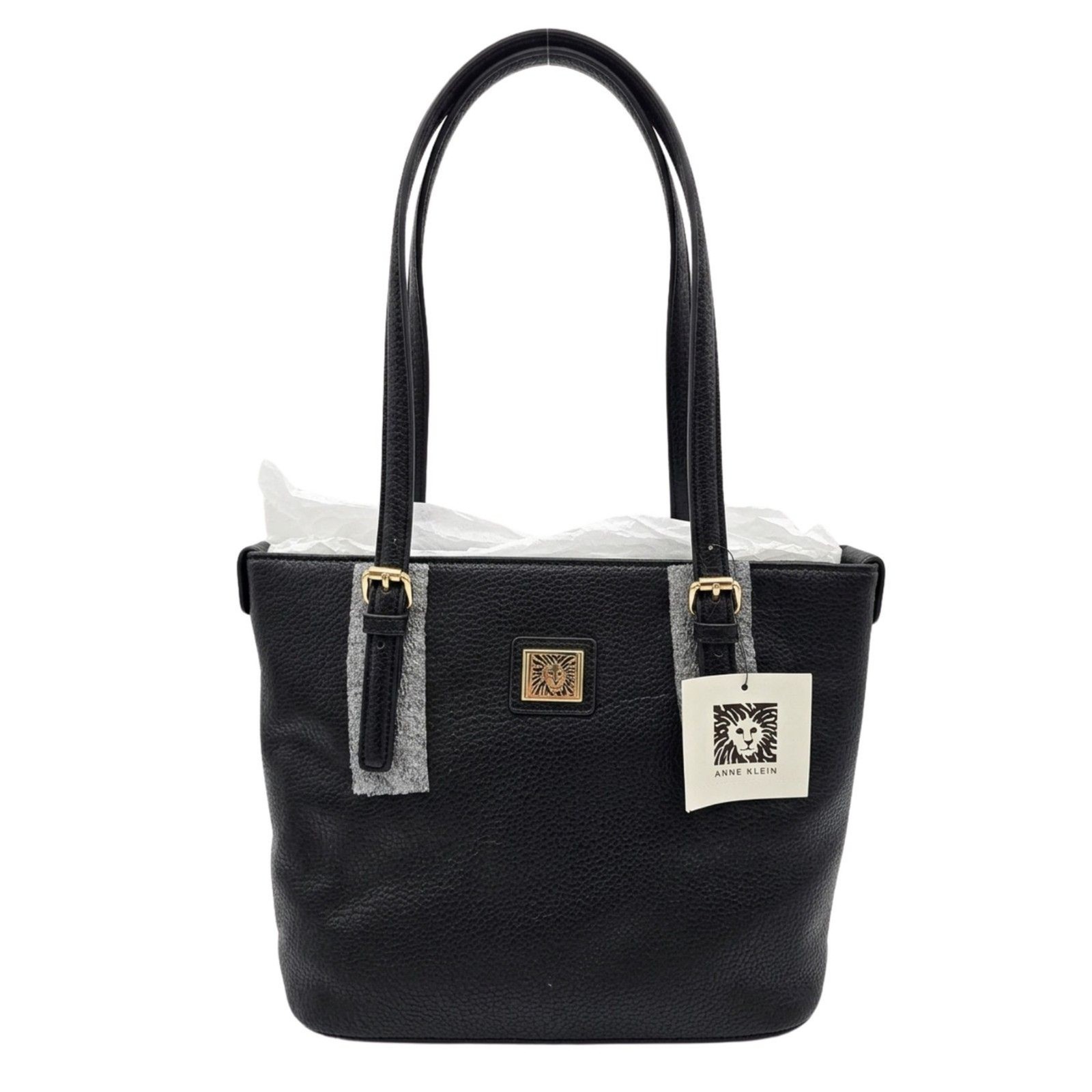 Anne Klein Perfect Tote Bag Black Pebbled Faux Leather Lion Logo Gold NWT