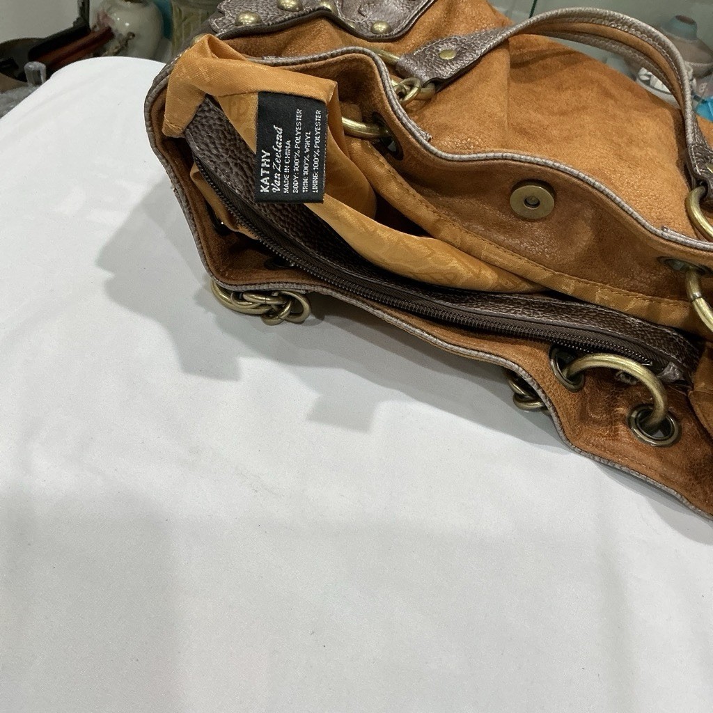 Kathy Van Zeeland Brown Studded Satchel Purse, Medium, Bag Charm, Pockets