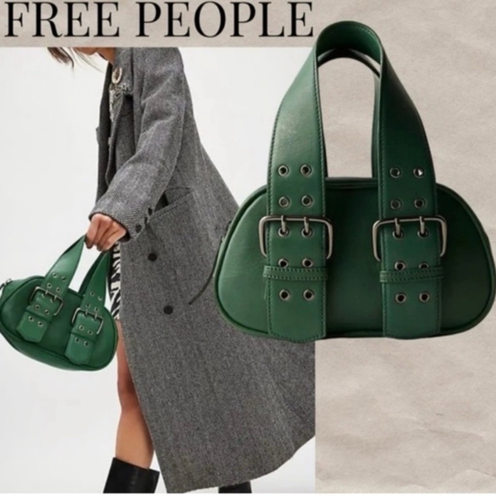 Free People NWOT Say Yes Leather Rivet Buckle Bag In Forest Green
