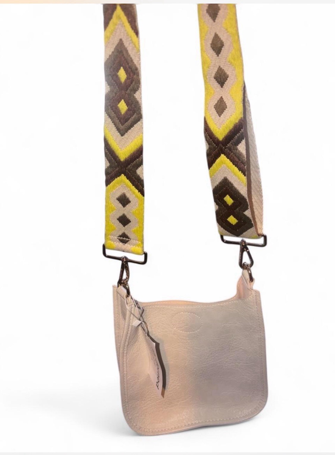 Ah-dorned Crossbody Bag Cream With Lime/Yellow And Brown Adjustable Strap New