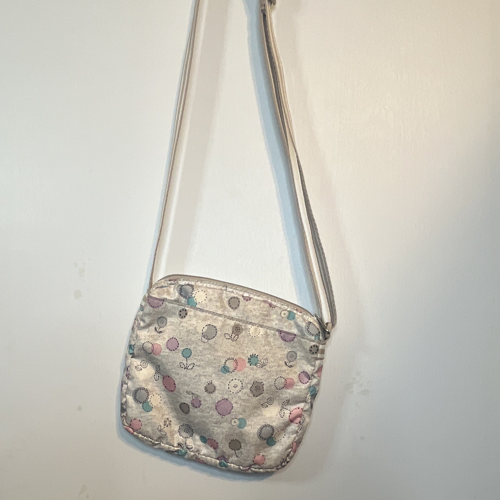 LeSportsac Gray & Polka Dot Flower Small Crossbody/Shoulder Bag Adjustable Strap