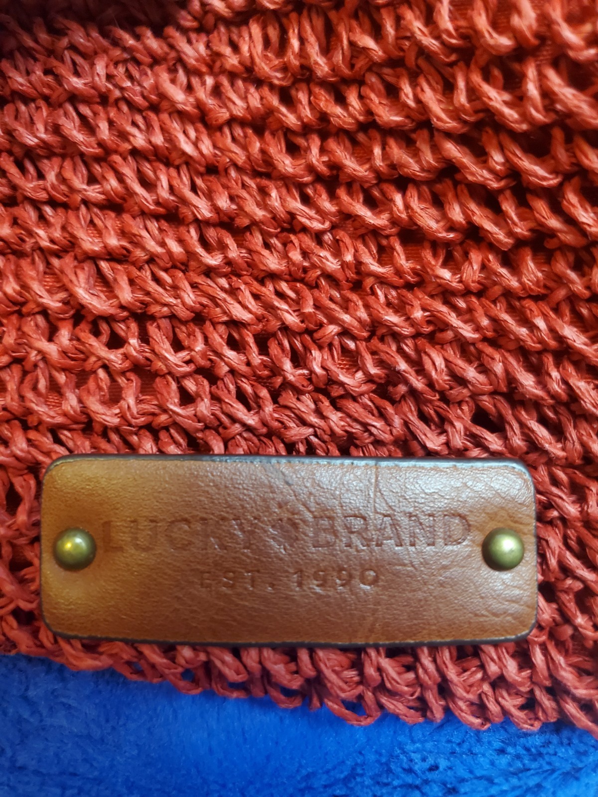 Lucky Brand Red Orange and Cream knit Tote Bag Purse Leather Straps