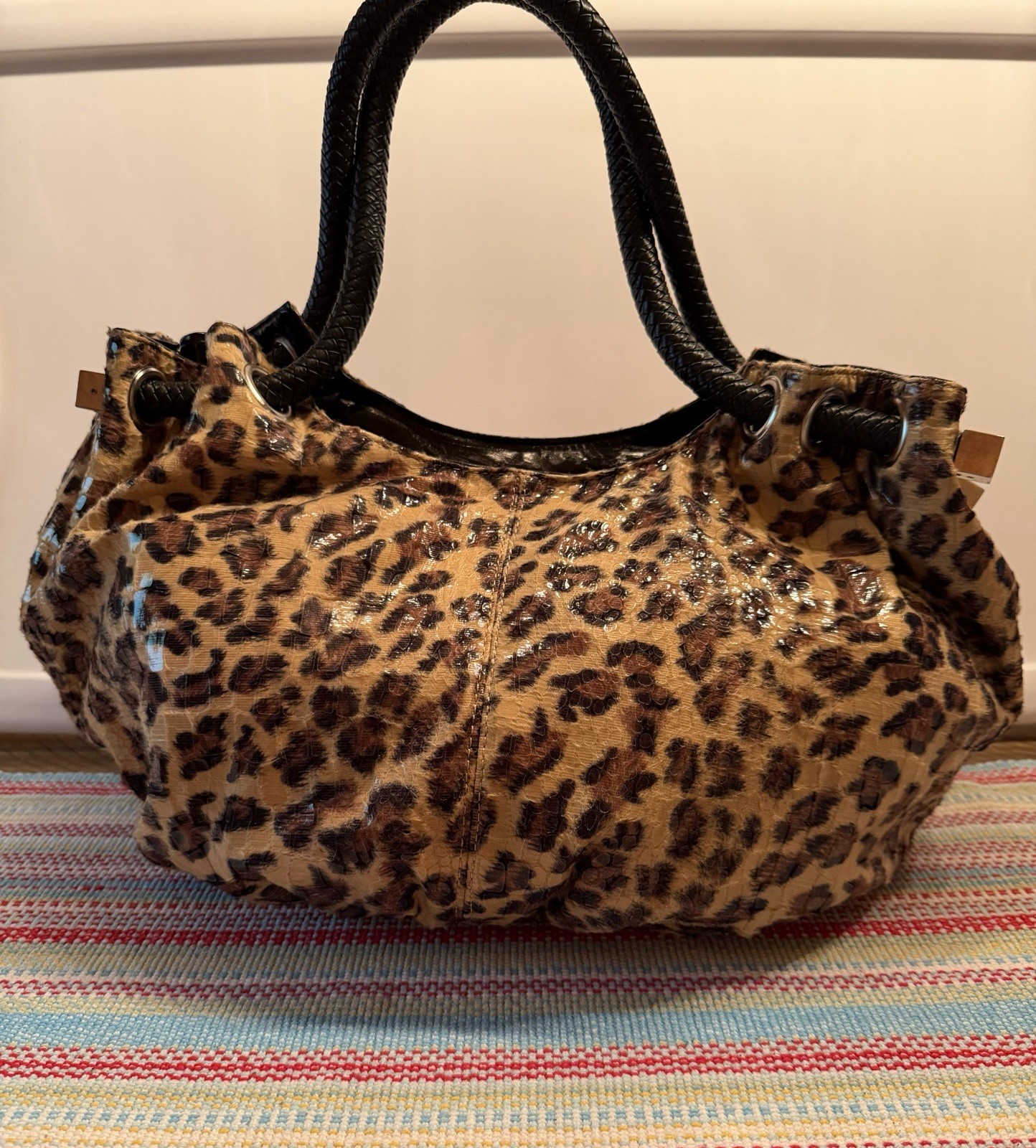 Glossy Leopard Print Slouchy Hobo Satchel Handbag Braided Handles