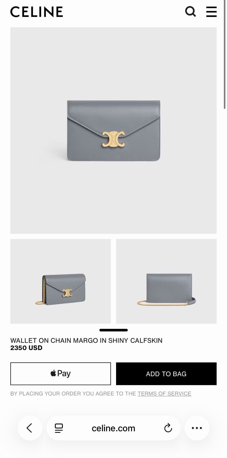 Celine Wallet On Chain , Triomphe Bag With Chains, Leather Blue Grey, authentic