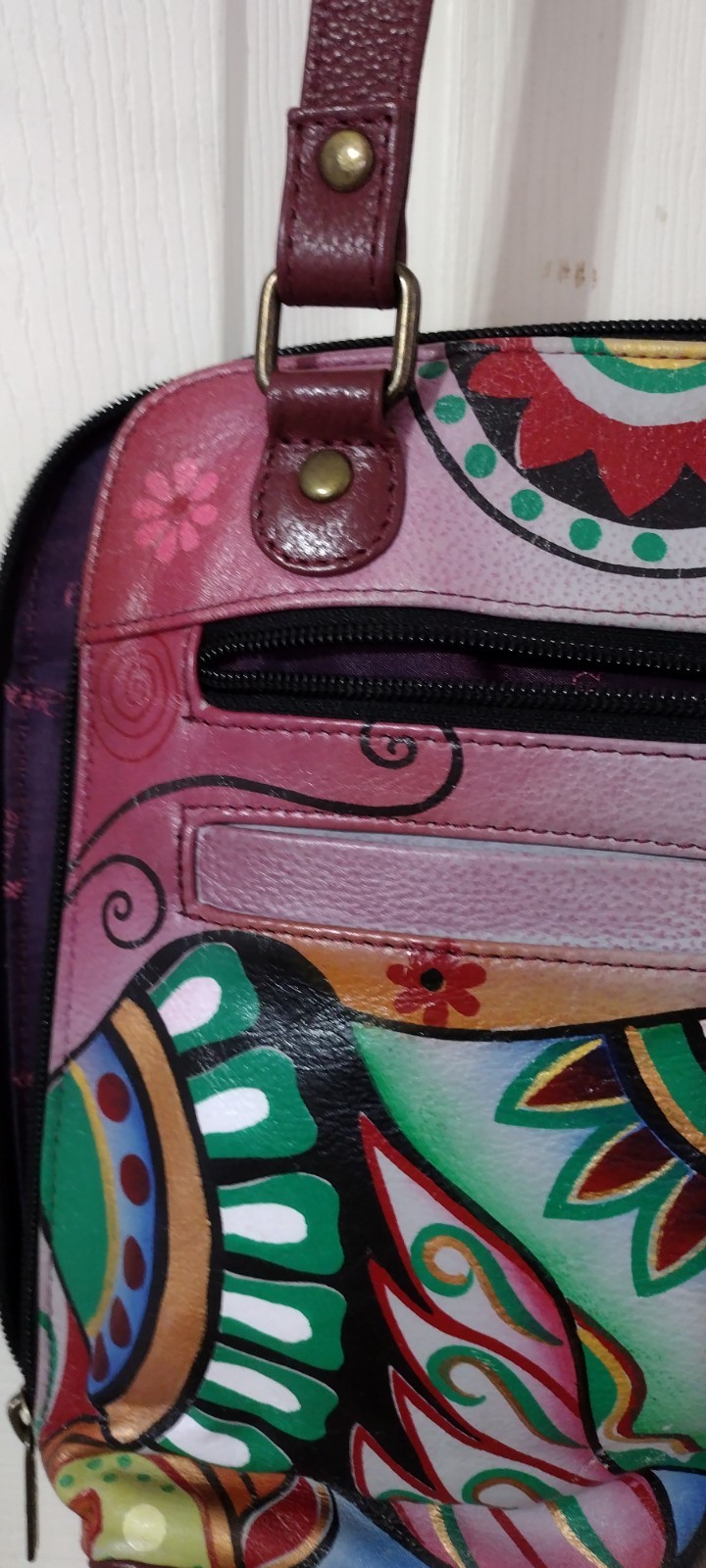 Anuschka Artsy Boho Hand Painted Leather RFID Crossbody In Wine With Elephant