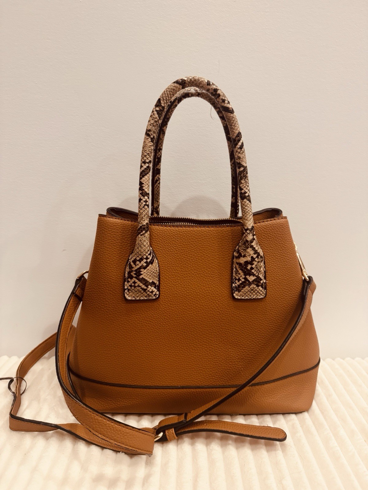 Brown Satchel Top Handle Bag, Detachable Crossbody Strap, Zip, Gold Hardware