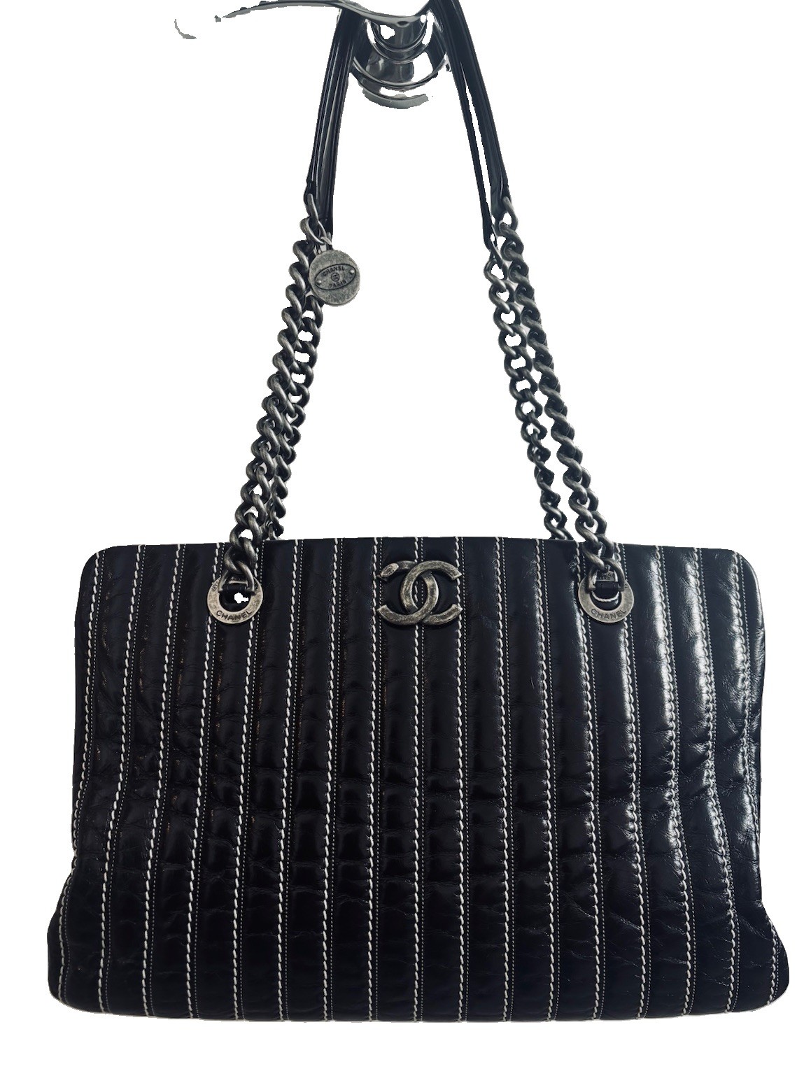 CHANEL Black Leather Vertical White Stitching Shoulder Bag Gunmetal CC and Chain