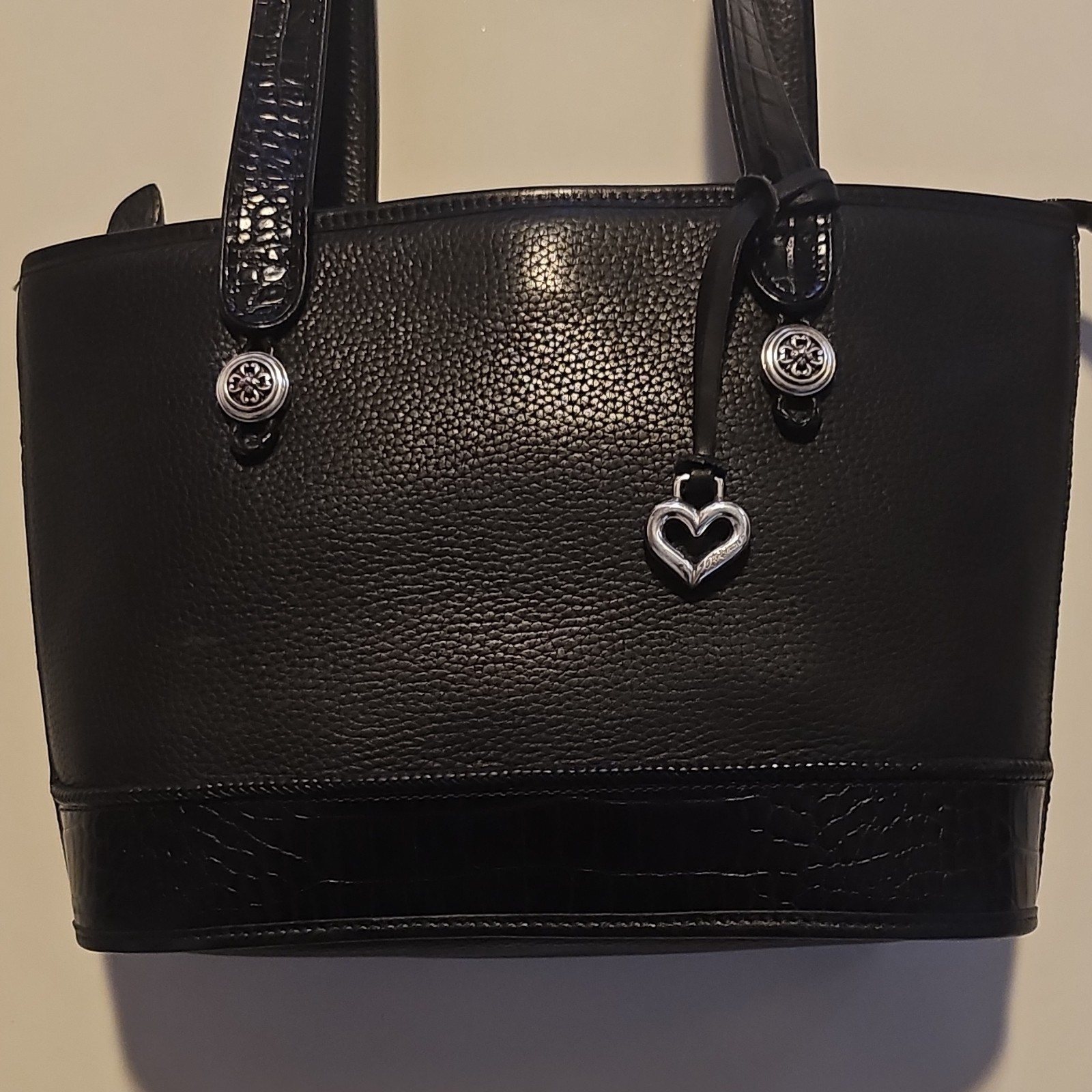 Brighton Black Pebbled Leather Tote Shoulder Bag Croc Trim Floral Lining Pouch