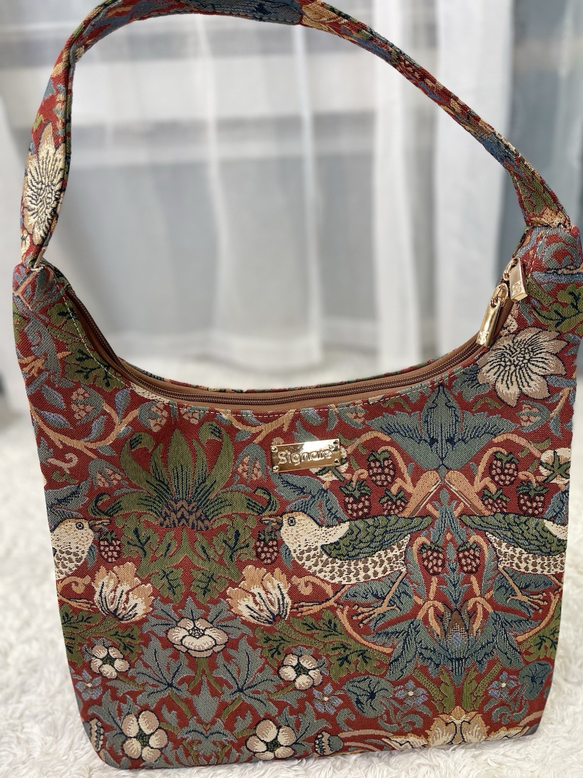 Signare Shoulder Bag Multicolor Floral Bird Pattern Zip Lined Inner Pockets