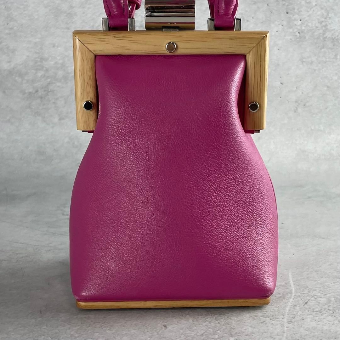 PERRIN PARIS Leather Wood Frame Shoulder Bag Pink Magenta Purse Mint Condition