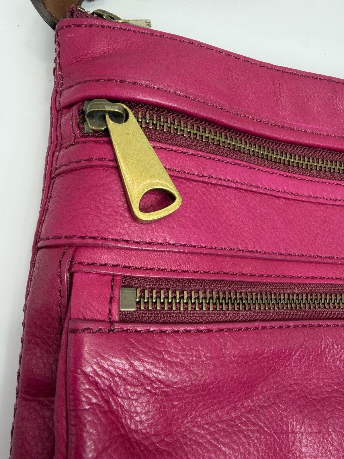 Fossil Explorer Triple Zip Crossbody Bag In Magenta Pink Leather Brass Hardware