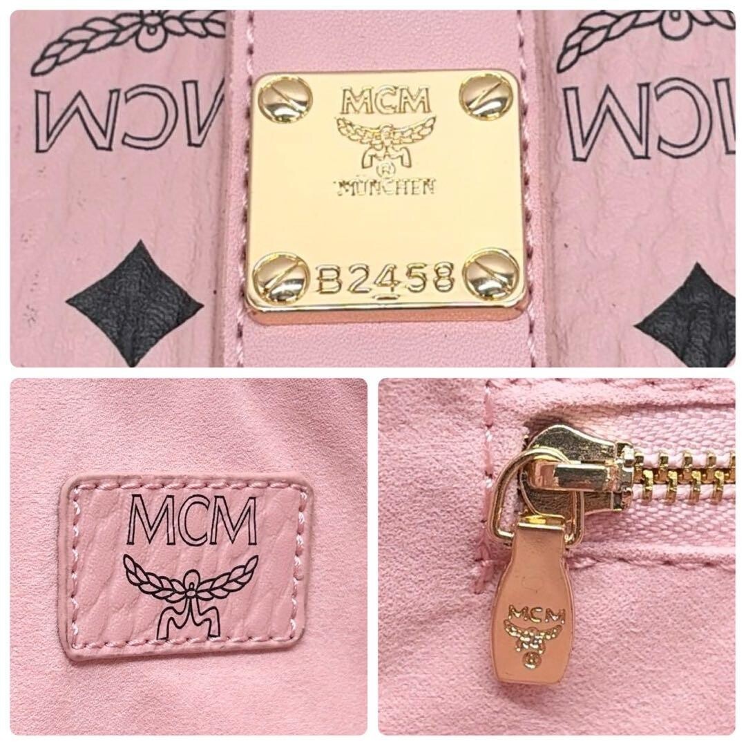 MCM Pink Leather Studded Tote Bag Shopper A4 Large Logo Print Gold Hardware 1361