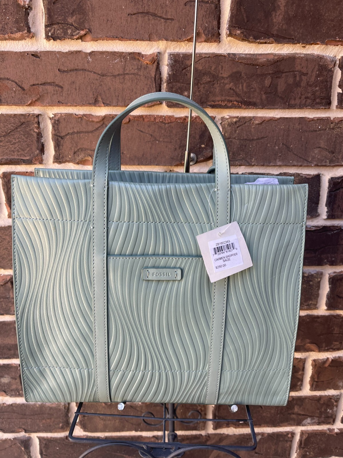 NWT $250 Fossil Carmen Shopper Wave Embossed Leather Tote Sage Green ZB1662343