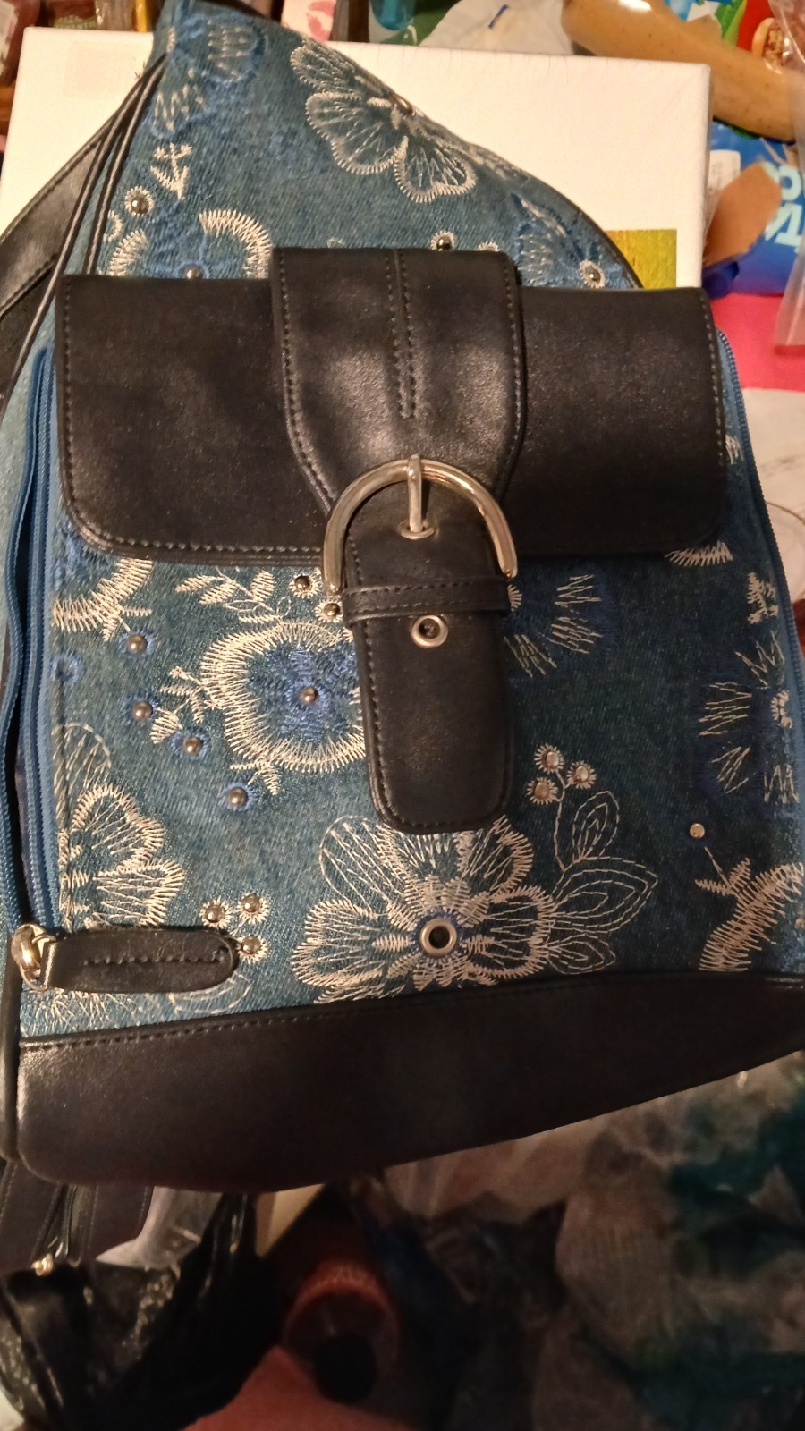 Women’s Blue/Black Floral Embroidered Backpack Buckle & Zip Silver Hardware