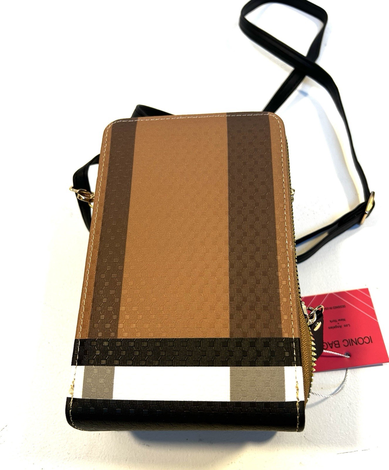 Iconic Bags Checked Brown Purse Cross Body 6x4x2 Inches Bag New With Tag