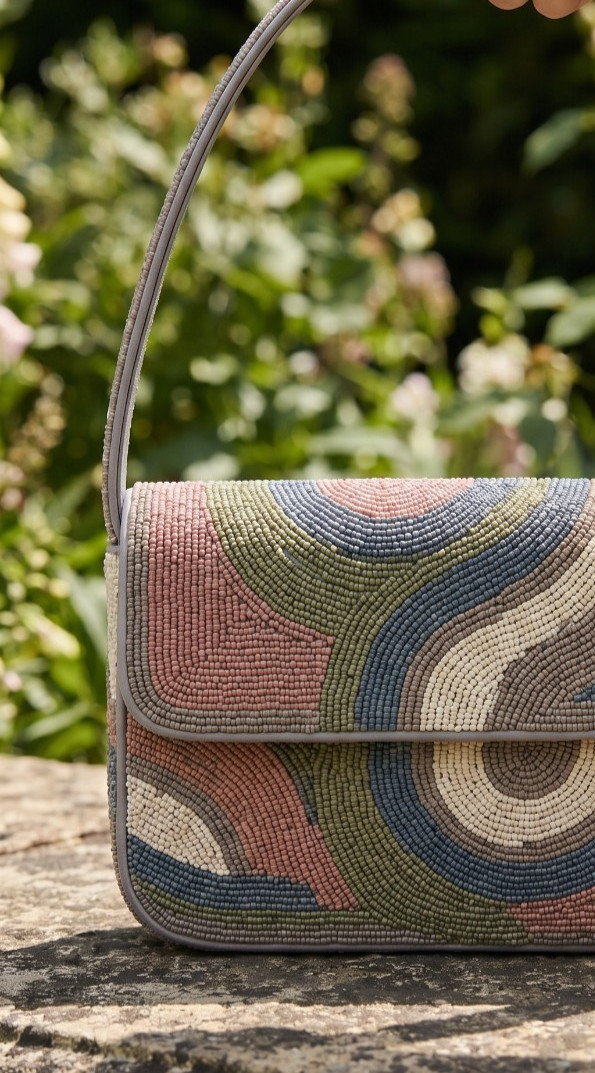 Handmade Beaded Shoulder Bag Abstract Wave Swirl Pattern Pastel Multi-Color Flap