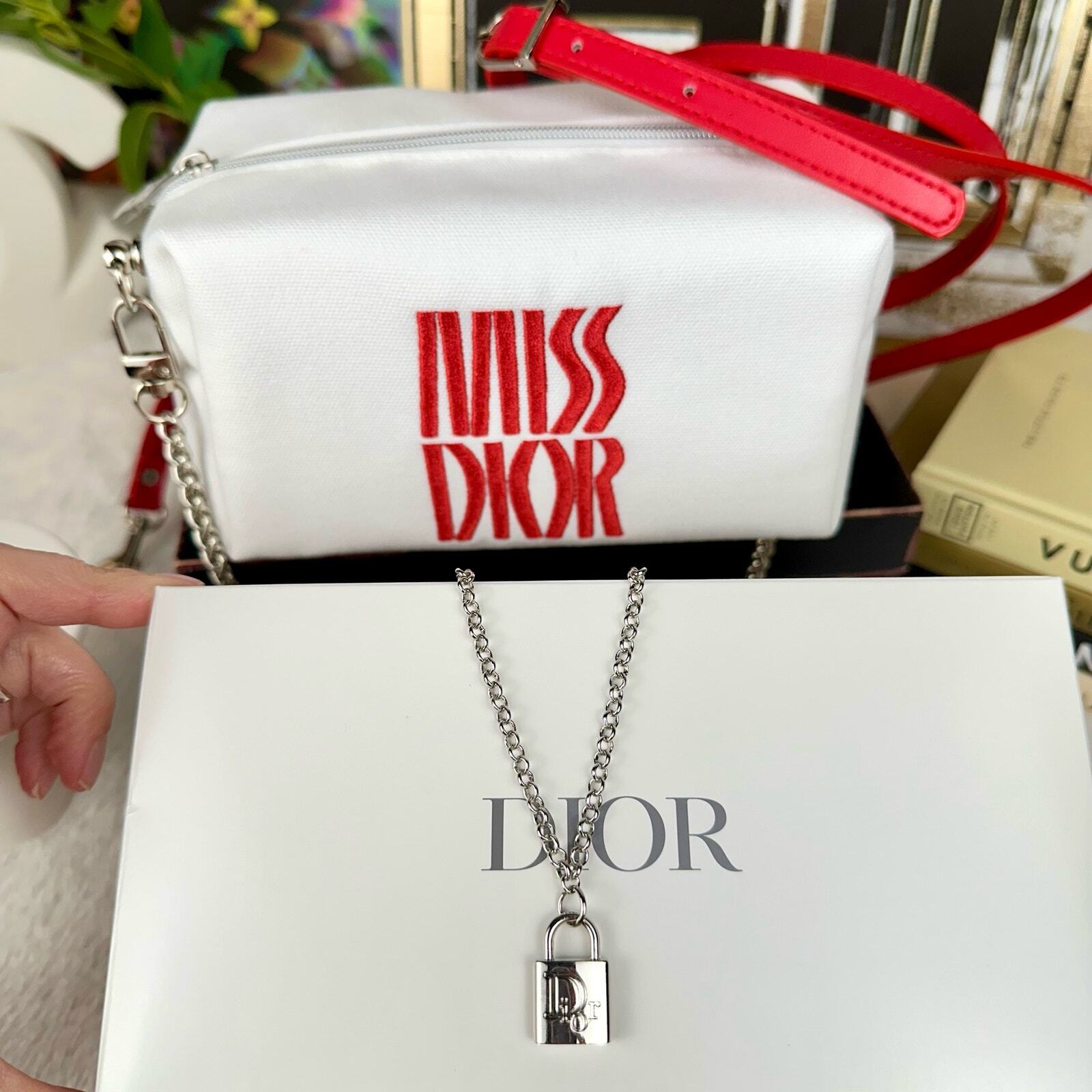 MISS DIOR Beauty line canvas crossbody bag with strap and chain.